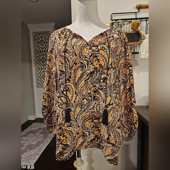 Joan Vass Tops - Joan Vass •Size XL• Paisley Orange Black Flowy Blouse 100% Viscose ☆New w/ Tag☆